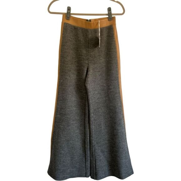 Staud Gray Tan Contrast Wide Leg Pants Size Jersey Faux Leather Designer NWT